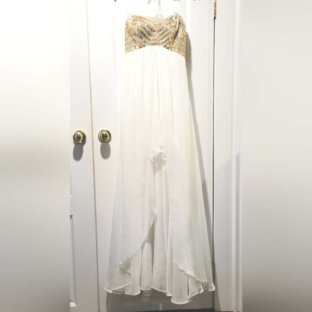 Full Length, Formal, Dress. White Chiffon and Gold Beading